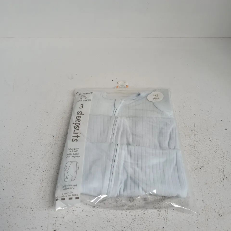 FOR BABY 3 SLEEPSUITS TWO WAY ZIPPER AGE 0 - 3 MONTHS
