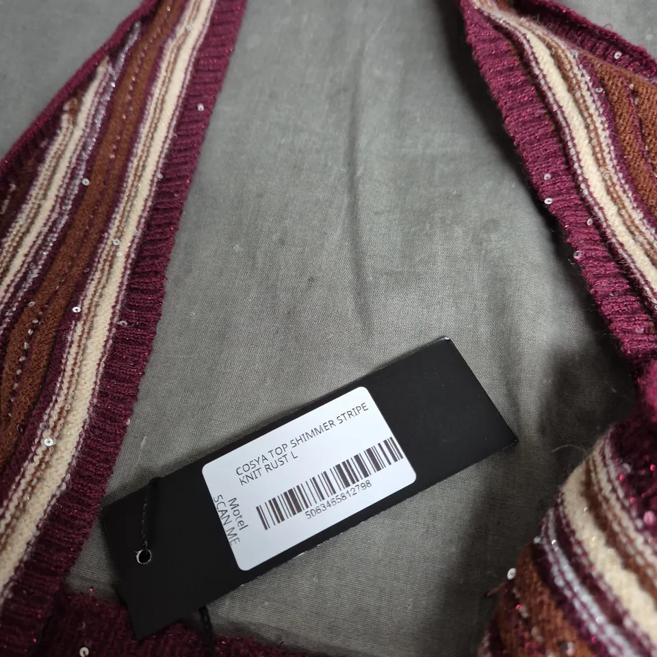 MOTEL STRIPED SHIMMER KNIT TOP – RUST, UK SIZE L