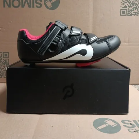 BOXED PAIR OF PELOTON CYCLING SHOES IN BLACK/WHITE/RED SIZE EU 42