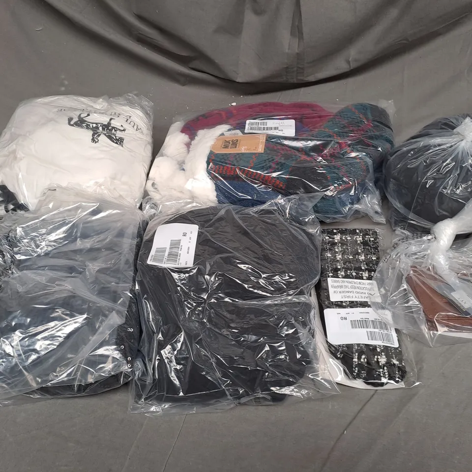 BOX OF ASSORTED CLOTHING ITEMS TOO INCLUDE COATS , TOPS, AND TROUSERS   ETC. 