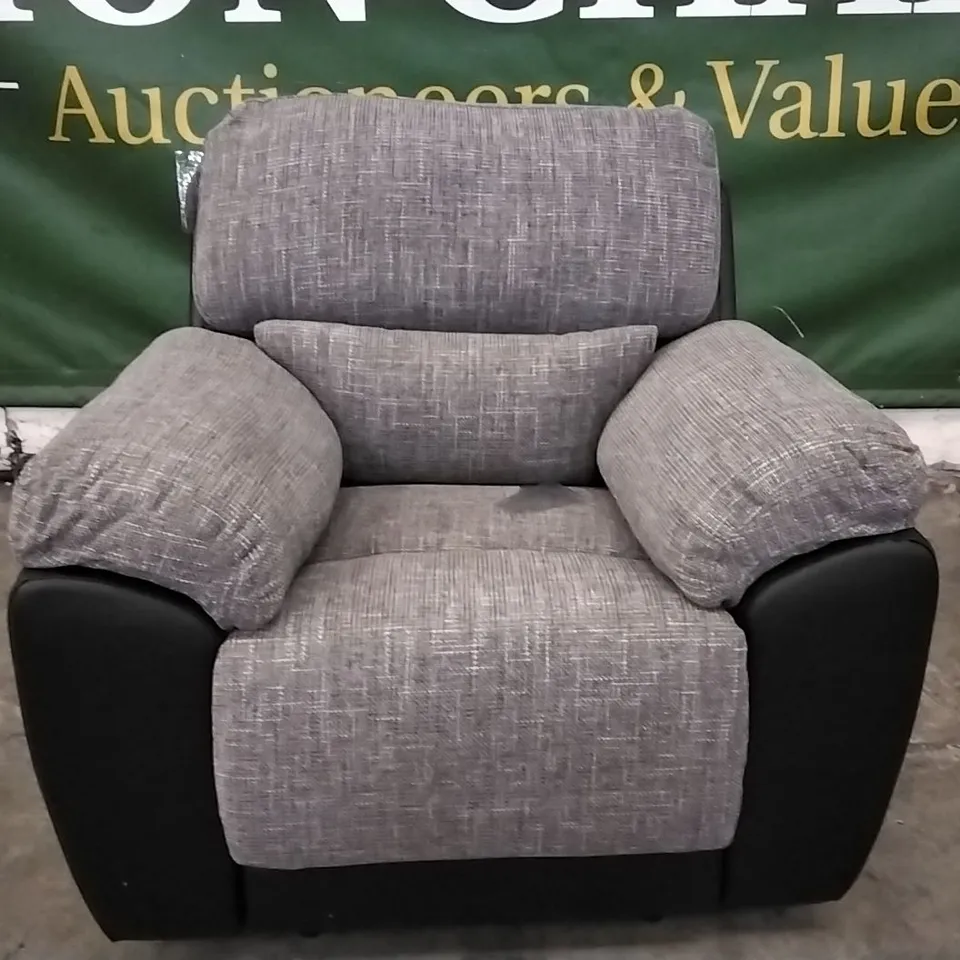 DESIGNER SANTORI BLACK FAUX LEATHER AND GREY FABRIC MANUAL RECLINING ARMCHAIR  RRP £649