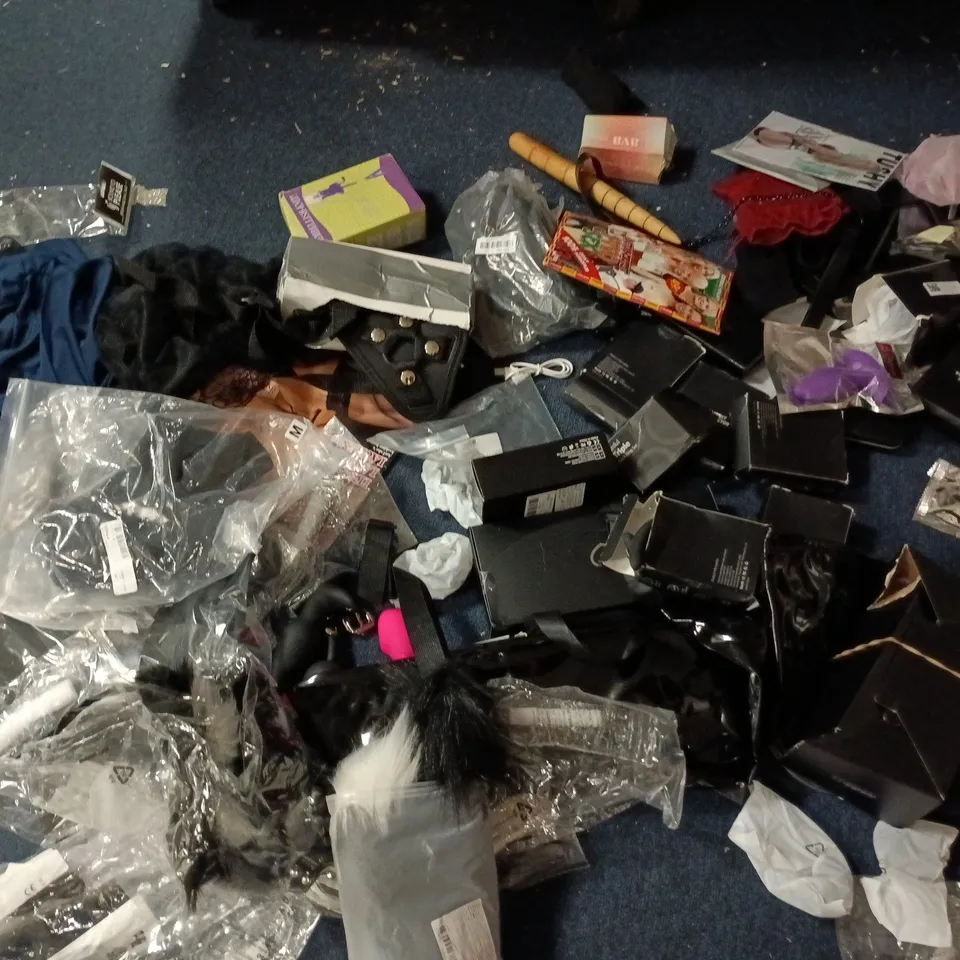 LARGE QUANTITY OF ASSORTED ADULT PLEASURE ITEMS TO INCLUDE DVDS, DRESS UP ITEMS, DILDOS AND VIBRATING TONGUE