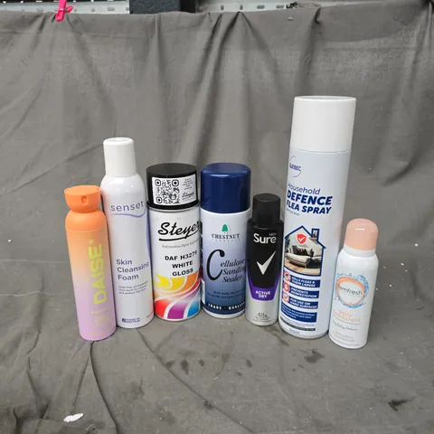 APPROXIMATELY 20 ASSORTED AEROSOLS TO INCLUDE DAISE PEACHY DEODORANT, SENSET SKIN CLEANSING FOAM, QUEBEC HOUSEHOLD FLEA SPRAY, ETC - COLLECTION ONLY