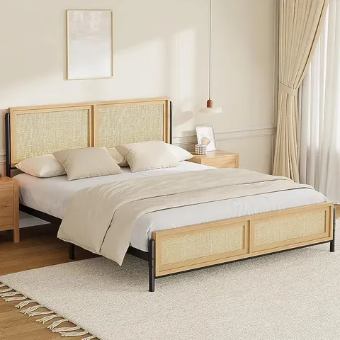 BOXED BOHO FULL SIZE BED FRAME WITH NATURAL RATTAN HEADBOARD AND FOOTBOARD