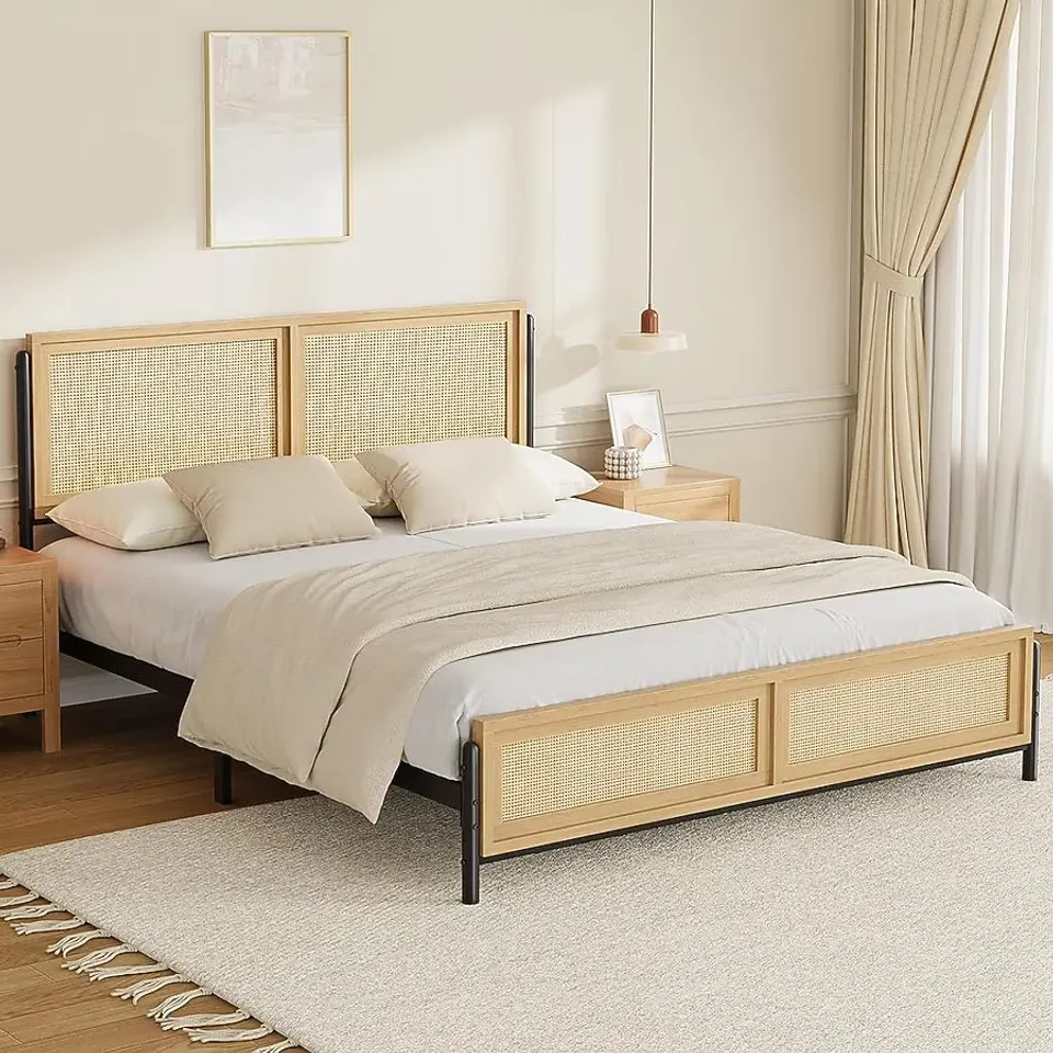 BOXED BOHO FULL SIZE BED FRAME WITH NATURAL RATTAN HEADBOARD AND FOOTBOARD