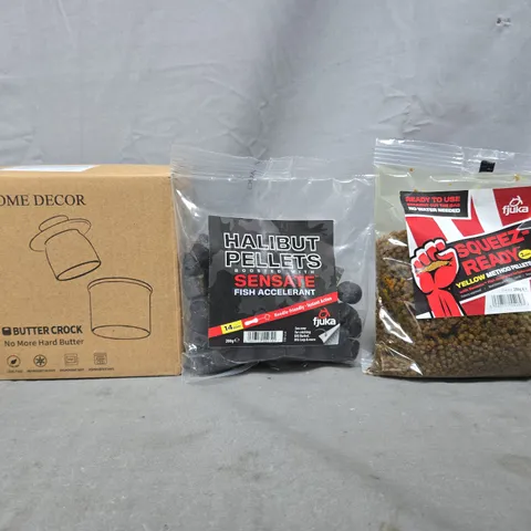 APPROXIMATELY 8 ASSORTED HOUSEHOLD ITEMS TO INCLUDE HALIBUT BUTTER CROCK, ETC