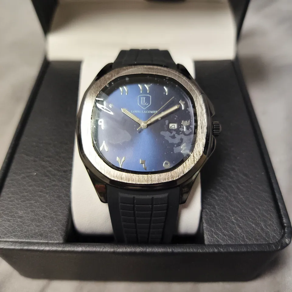 MENS LOUIS LACOMBE BLACK RUBBER STRAP NAVY DIAL WATCH - DATE DIAL
