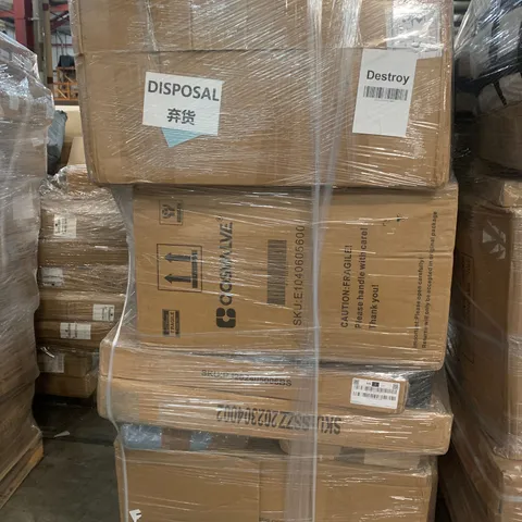 PALLET OF ASSORTED ITEMS TO INCLUDE ARM CHAIRS, BOXED FURNITURE AND COSVALVE
