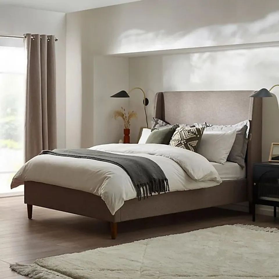 BOXED HANA DOUBLE BED FRAME IN TAUPE LINEN FABRIC (2 BOXES)