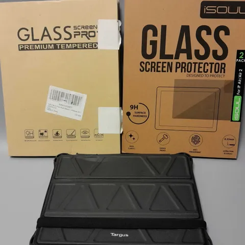 3 TABLET ACCESSORIES TO INCLUDE ISOUL IPAD AIR/AIR2 GLASS SCREEN PROTECTORS, TARGUS TABLET CASE, FIRE KIDS EDITION SCREEN PROTECTOR, ETC