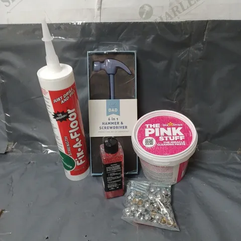 BOX OF APPROXIMATELY 10 ASSORTED HOUSEHOLD ITEMS TO INCLUDE THE PINK STUFF CLEANER, SCREWS AND FLOOR ADHESIVE