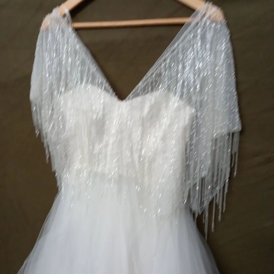 DAVID FIELDEN WEDDING DRESS WITH EMBELLISHED LACE SHOULDERS - SIZE UNSPECIFIED