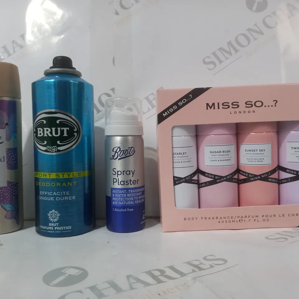 APPROXIMATELY 10 ASSORTED AEROSOL ITEMS IN INCLUDE IMPULSE BODY SPRAY, BRUT BODY SPRAY, SPRAY PLASTER, ETC - COLLECTION ONLY