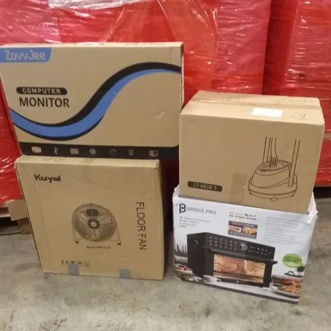 PALLET OF ASSORTED HOUSEHOLD GOODS AND PRODUCTS TO INCLUDE; COMPUTER MONITOR, FLOOR FAN, DIGITAL AIR FRYER OVEN ETC