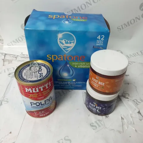 APPROXIMATELY 15 ASSORTED FOOD BASED PRODUCTS TO INCLUDE; TWININGS SUPERBLENDS, JUST BEE HONEY, MUTTI POLPA FINELY CHOPPED TOMATOES AND SPATONE IRON-RICH WATER