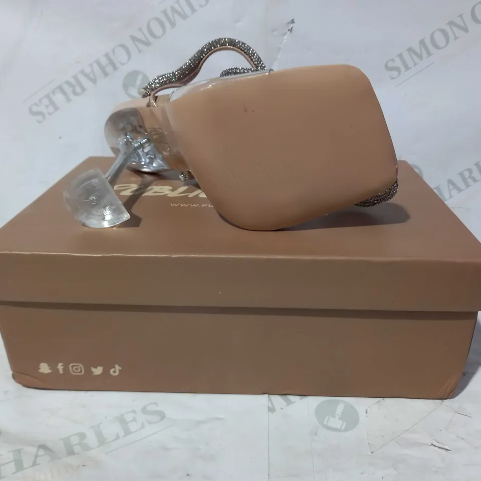 BOXED PAIR OF PUBLIC DESIRE HEELS IN NUDE COLOUR WITH JEWEL EFFECT UK SIZE 4