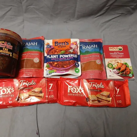 THIRTENN ASSORTED PRODUCTS TO INCLUDE; MEDIUM THE CHILLI JAM MAN 1KG, BENS ORIGINAL PLANT POWERED SPICY LENTIL STEW, RAJAH PAPRIKA POWDER AND INDUS SPICE MIX