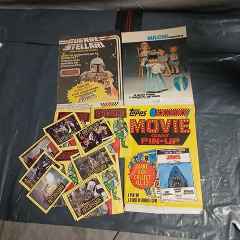 STAR WARS RETURN OF THE JEDI TRADING CARDS, AND TOPPS REAL MOVIE GIANT PIN UP 1 PIN UP AND 1 STICK OF GUM