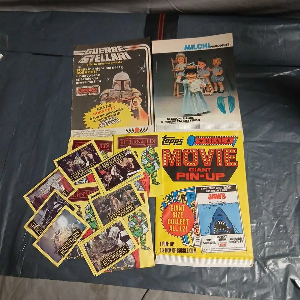 STAR WARS RETURN OF THE JEDI TRADING CARDS, AND TOPPS REAL MOVIE GIANT PIN UP 1 PIN UP AND 1 STICK OF GUM