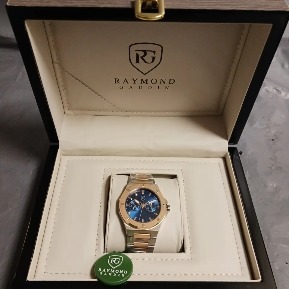 RAYMOND GADUIN BLUE DIAL 316L STAINLESS STEEL GENTS WATCH IN WOODEN PRESENTATION BOX