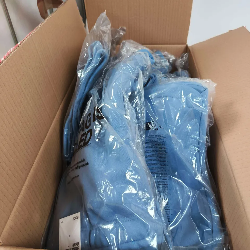 BOX OF APPROXIMATELY 12 ASSORTED CLOTHING ITEMS TO INCLUDE PLUSH CLASSIC MINI SHORT ASSORTED SIZES INFIINTY BLUE