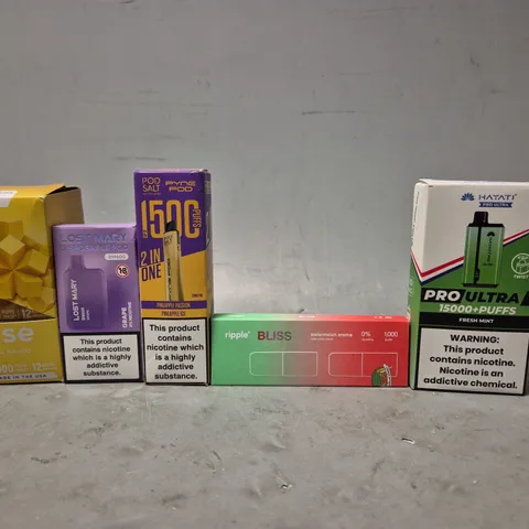 APPROXIMATELY 20 ASSORTED E-CIGARETTE PRODUCTS TO INCLUDE - VUSE POD PACK , VUSE GO 1000 , LOST MARY