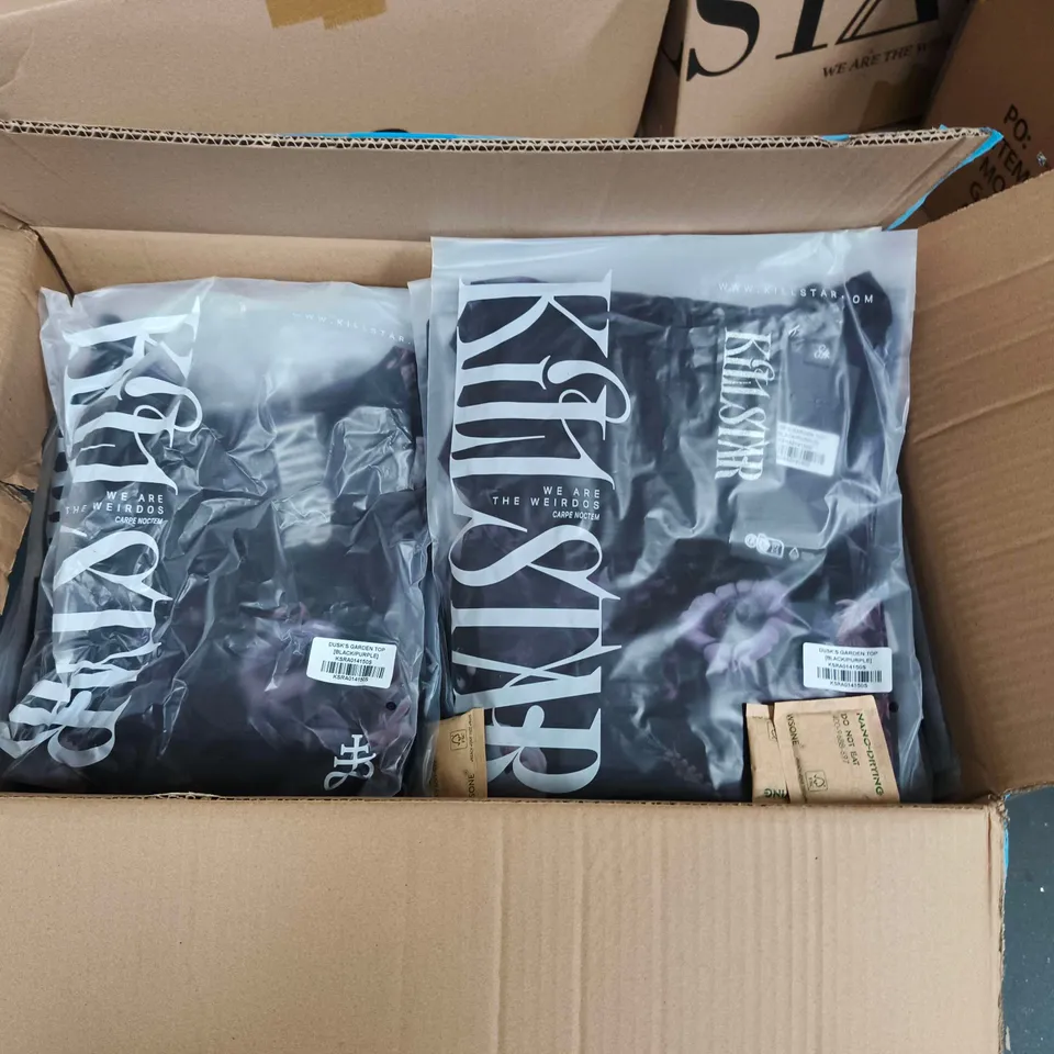 LOT OF APPROXIMATELY 50 BRAND NEW KILLSTAR DUSK GARDEN TOPS IN BLACK & PURPLE - VARIOUS SIZES