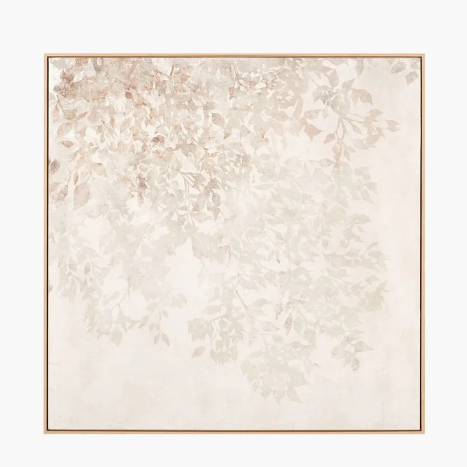 BOXED PACIFIC WHITE AND NATURAL FLORAL SQUARE CANVAS WITH NATURAL FRAME