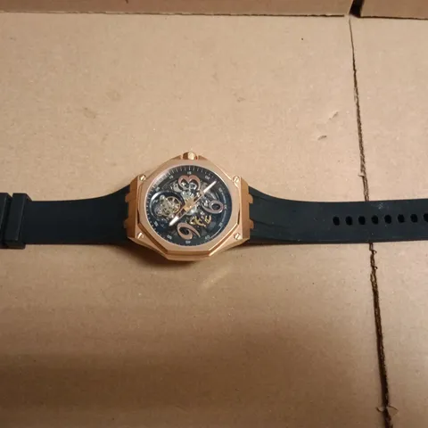 SEKONDA ROSE GOLD TONE SKELETON WRISTWATCH WITH BLACK RUBBER STRAP