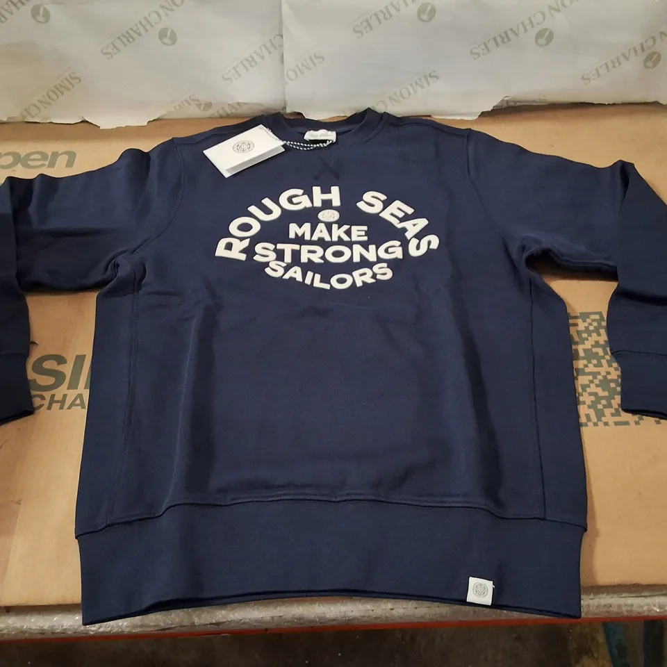 BOX CONTAINING APPROXIMATELY 7 BRASS MONKEY MEN'S NAVY SWEATSHIRT – ROUGH SEAS MAKE STRONG SAILORS, SIZE S (MEN'S)