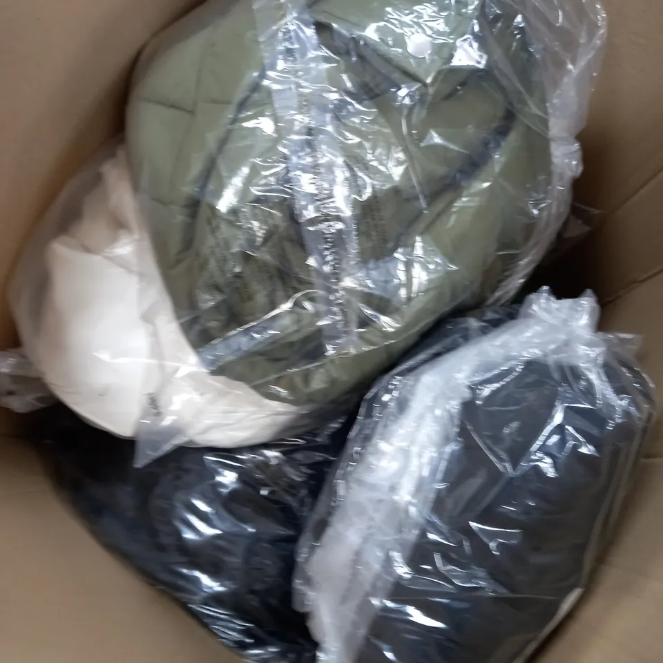 BOX OF APPROXIMATELY 10 ASSORTED CLOTHING ITEMS TO INCLUDE  BIG GREEN COAT, GREEN JUMPER, WHITE WINTER COAT ETC