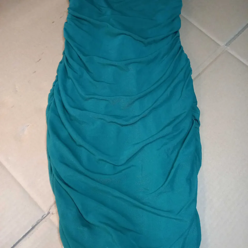 OH POLLY FOREST GREEN RUCHED BODYCON MINI DRESS - SIZE 6