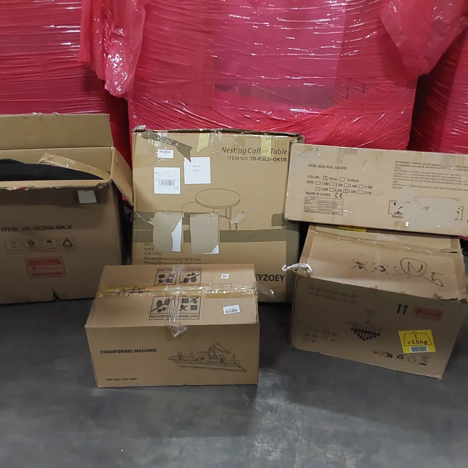 PALLET OF ASSORTED CONSUMER PRODUCTS TO INCLUDE: CHAMFERING MACHINE, OFFICE CHAIR, NESTING COFFEE TABLE, CHANDELIER, BED RAIL GUARD ECT