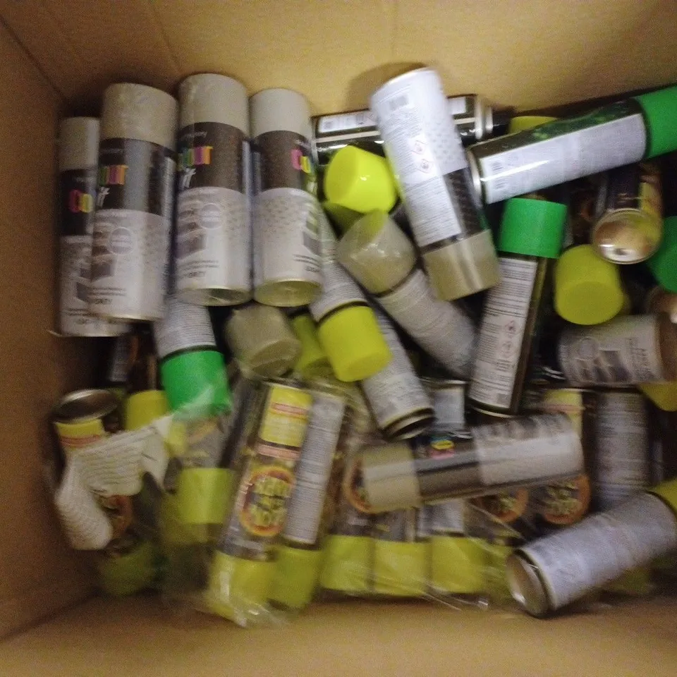 LARGE BOX OF ASSORTED GLOW AND THE DARK AND CAR SPRAY PAINT 