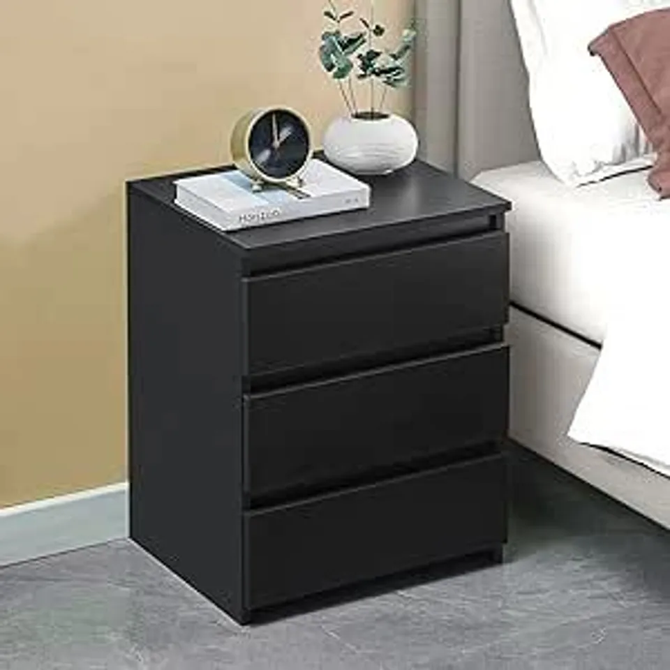 BOXED BEDSIDE TABLE 3 DRAWERS BLACK WOODEN CABINET 