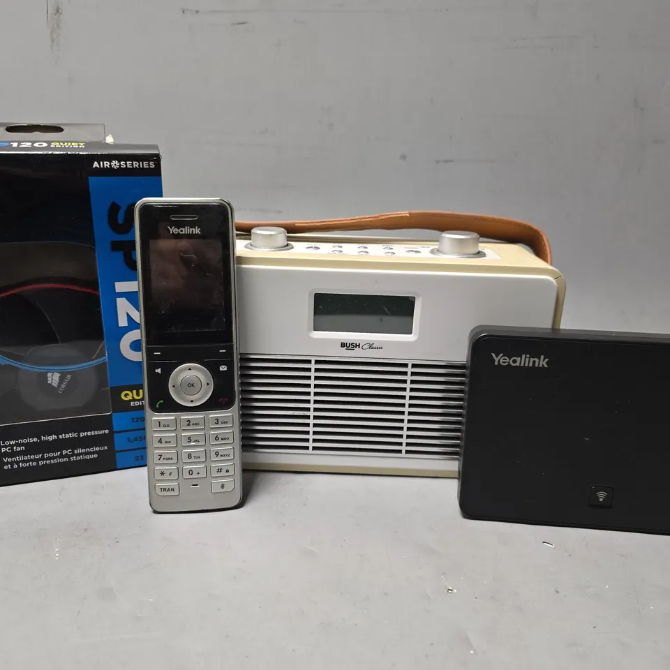 APPROXIMATELY 13 ASSORTED ITEMS TO INCLUDE : YEALINK PHONE , BUSH RADIO , YEALINK W52P ETC