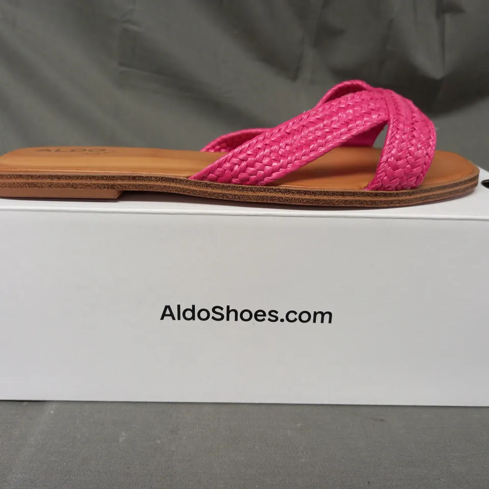 BOXED PAIR OF ALDO OPEN TOE FLAT SANDALS IN PINK UK SIZE 7