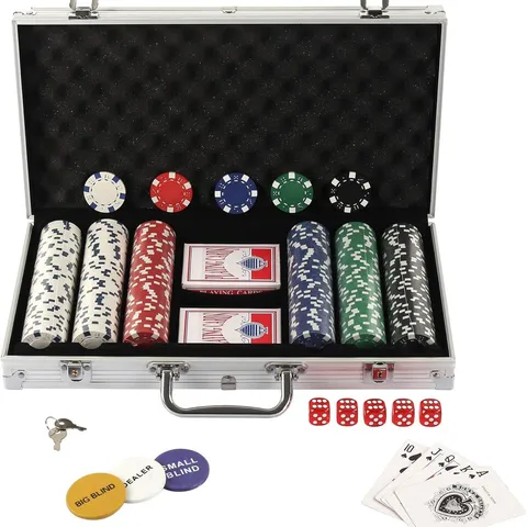 BOXED DISPLAY4TOP TEXAS HOLDEM POKER CHIPS SET WITH ALUMINUM CASE,2 DECKS OF CARDS, DEALER, SMALL BLIND, BIG BLIND BUTTONS AND 5 DICE (500 PIECE CHIPS)