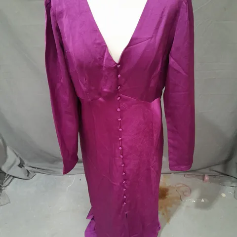 OASIS SATIN BUTTON FRONT LONG SLEEVE TEA MIDI DRESS IN PURPLE SIZE 14