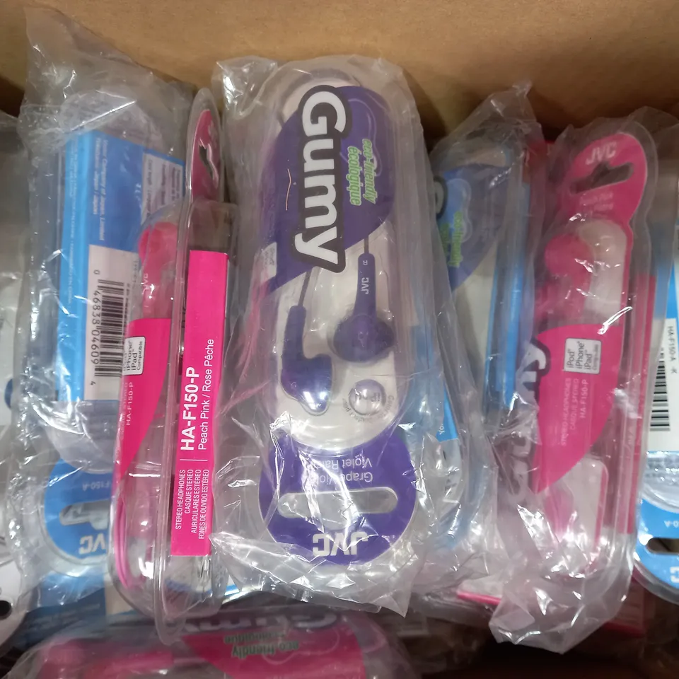 BOX OF APPROXIMATELY 20 ASSORTED JVC GUMY STEREO HEADPHONES IN VARIOUS COLOURS