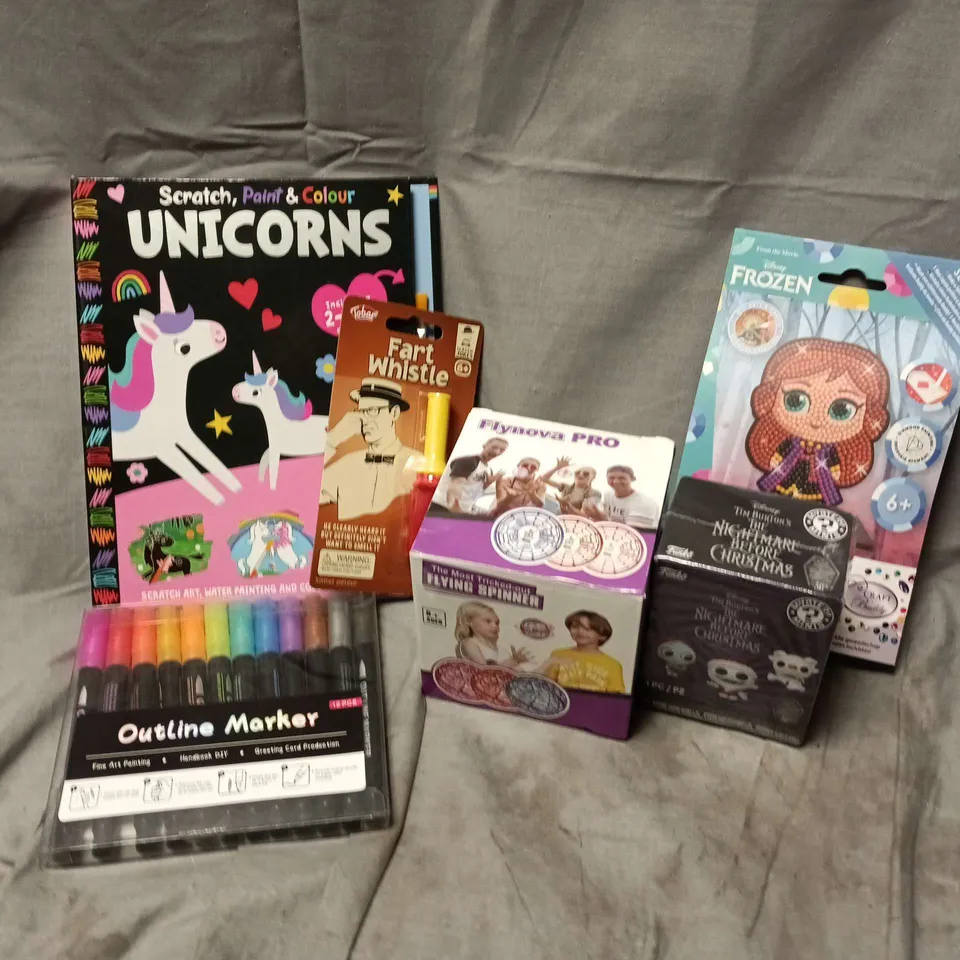 APPROXIMATELY 15 ASSORTED TOYS & GAMES PRODUCTS TO INCLUDE FLYNOVA PRO, FUNKO THE NIGHTMARE BEFORE CHRISTMAS VINYL FIGURE, FART WHISTLE, ETC