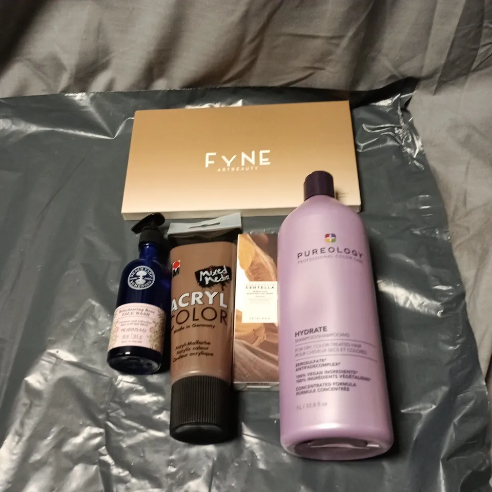 APPROXIMATELY 20 ASSORTED COSMETIC ITEMS INCLUDING FYNE PALETTE FOR EYE AND FACE, NEALS YARD FACE WASH, PUREOLOGY SHAMPOO, ACRYL COLOR