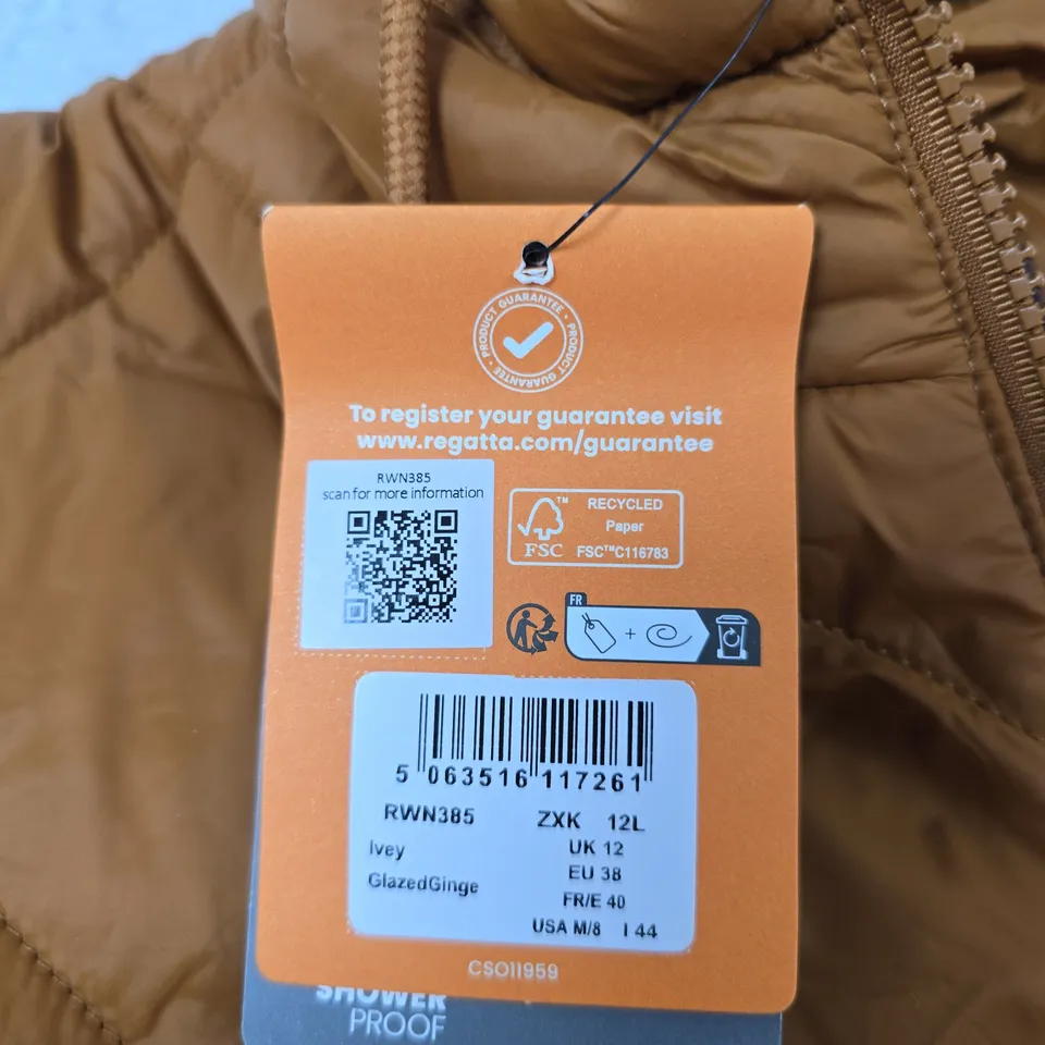 UK 12 REGATTA GREAT OUTDOORS QUILTED HOODED JACKET – BROWN – SHOWERPROOF (RWN385)