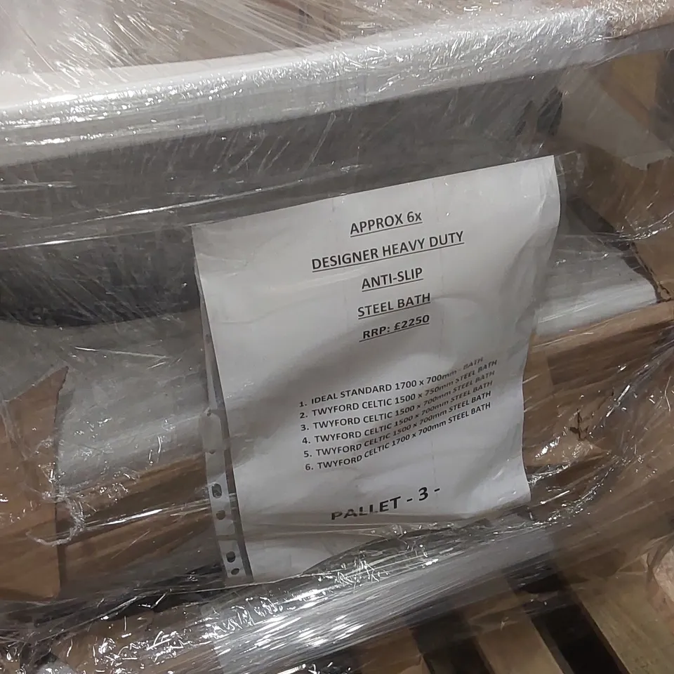 PALLET CONTAINING APPROXIMATELY 6x HEAVY DUTY ANTI-SLIP STEEL BATH TUBS