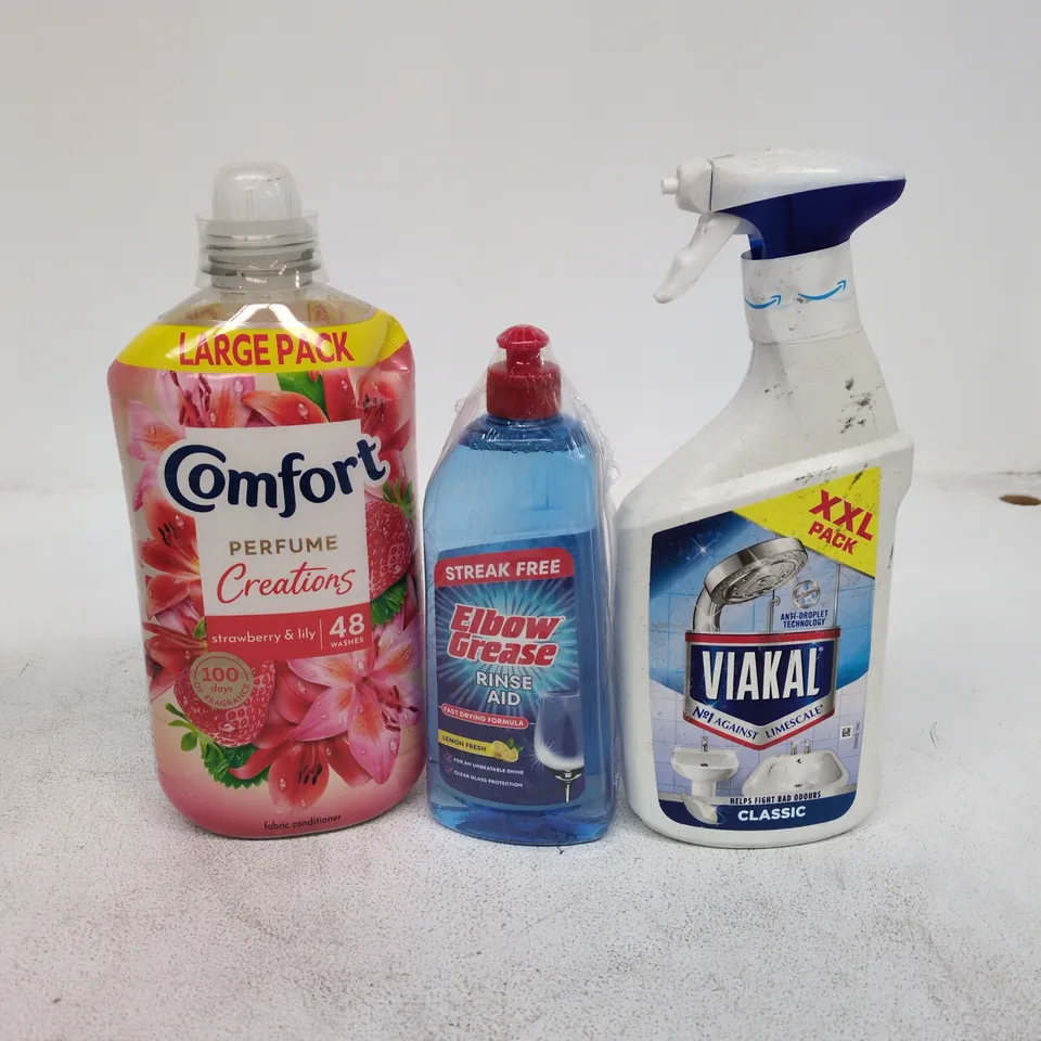 TOTE OF APPROXIMATELY 7 ASSORTED ITEMS TO INCLUDE COMFORT 48 WASHES, VIAKAL, ELBOW GREASE ETC