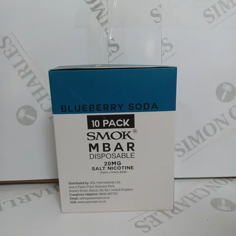 BOX OF APPROXIMATELY 10 BOXES OF BLUEBERRY SODA 10 PACK SMOK M BAR DISPOSABLE 20MG SALT NICOTINE