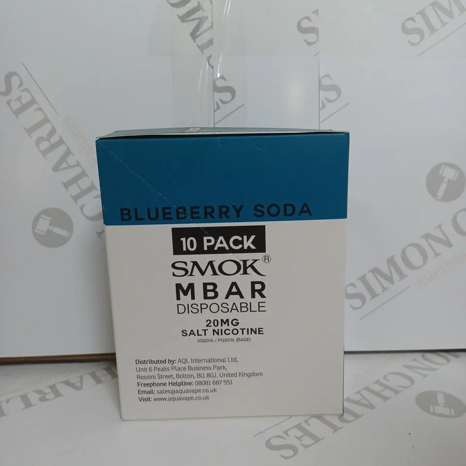 BOX OF APPROXIMATELY 10 BOXES OF BLUEBERRY SODA 10 PACK SMOK M BAR DISPOSABLE 20MG SALT NICOTINE