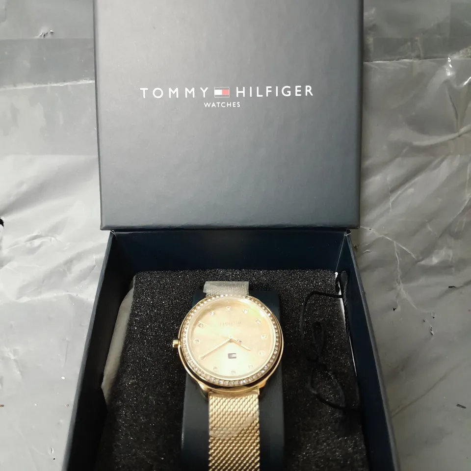 BOXED TOMMY HILFIGER WOMEN'S GOLD PLATED MESH WATCH WITH A CRYSTAL BEZEL