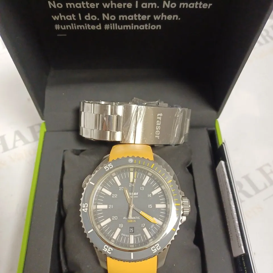 BOXED TRASER WATCH WITH YELLOW SILICONE STRAP AND CHANGEABLE SILVER LINK STRAP, AND TRASER MINI TORCH 