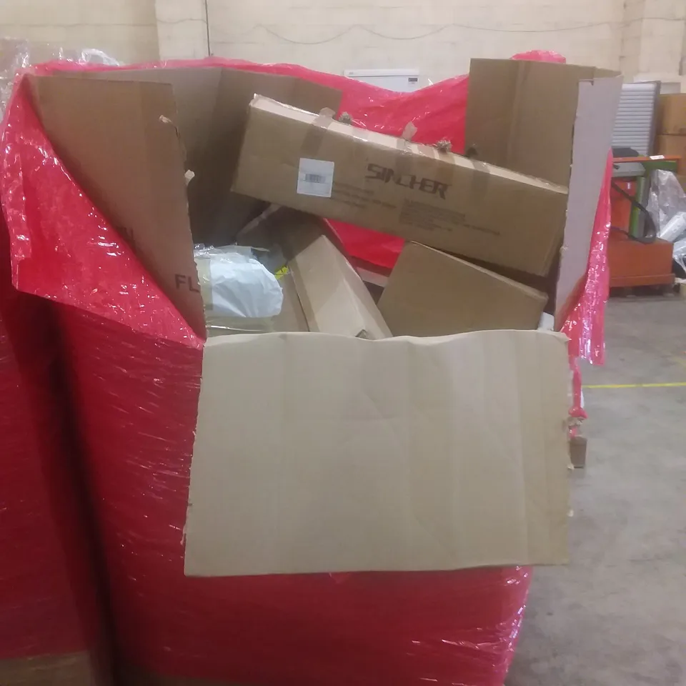 PALLET OF ASSORTED HOUSEHOLD PRODUCTS AND ITEMS, INCLUDING; AIR FRYER, AIR COOLER, OFFICE CHAIR, CAT CAGE, BED FRAME ETC